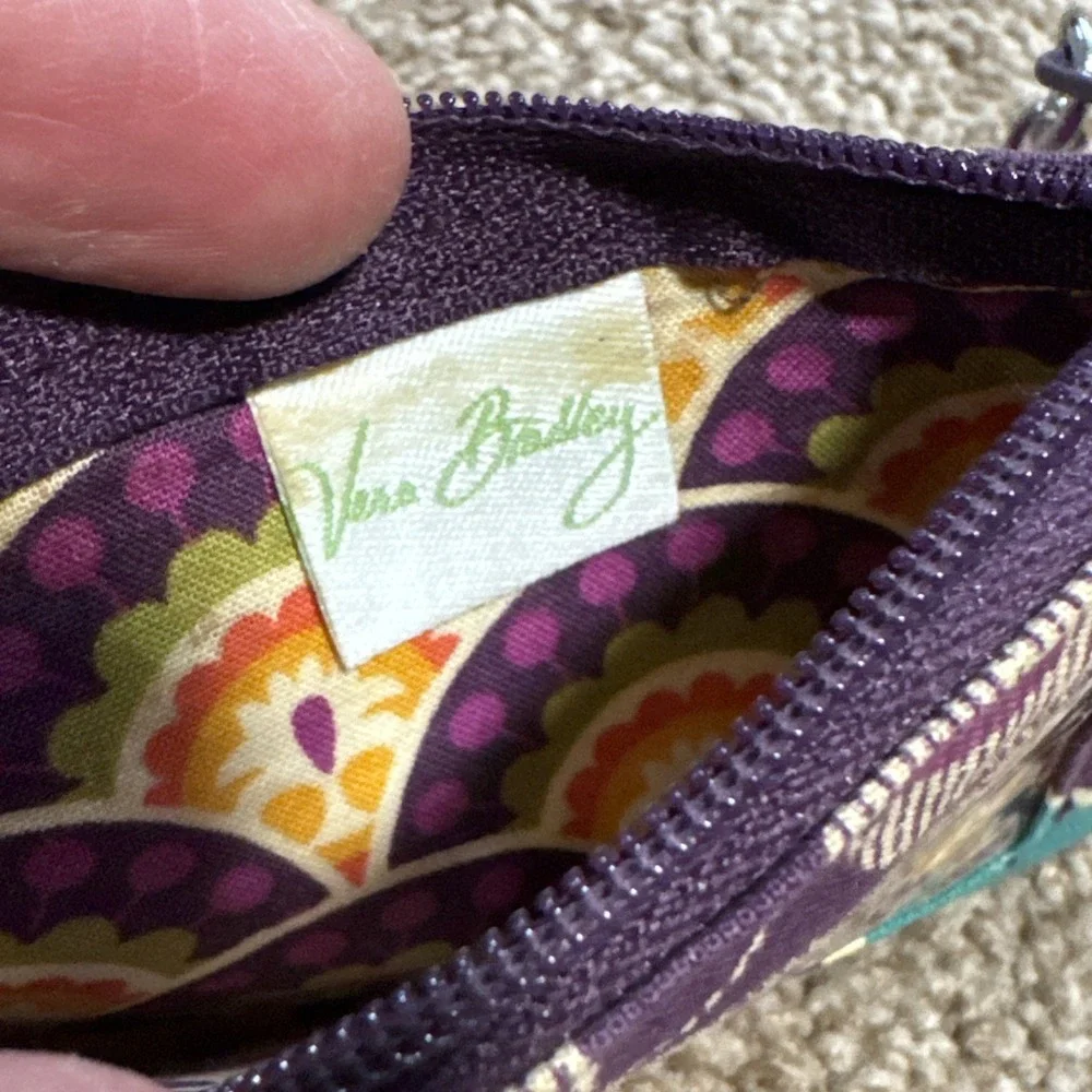 Vera Bradley Stitched Purple Floral Zip Coin Purse Keychain Lavender